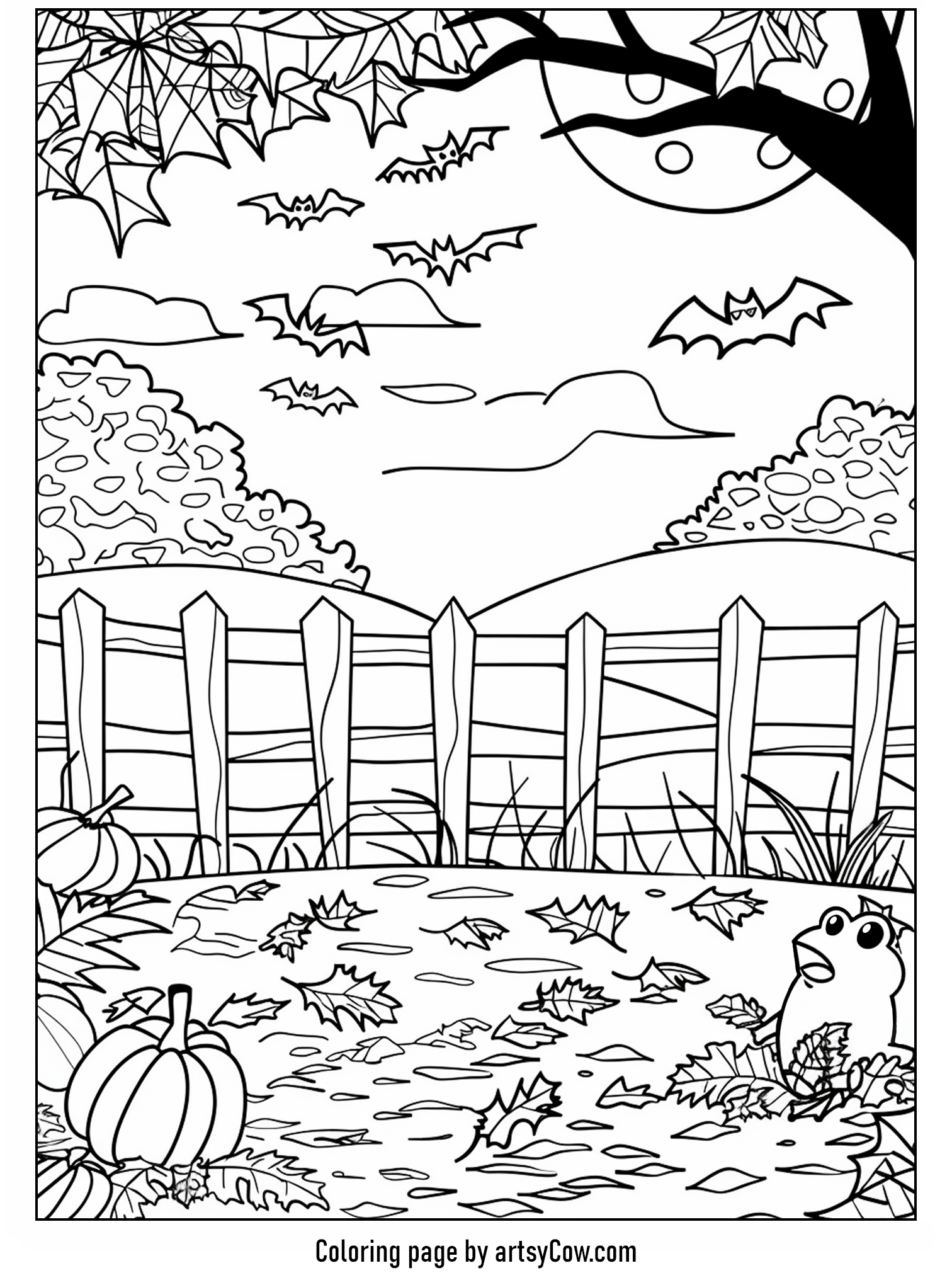 a frog under a full moon, surrounded by falling leaves and flying bats